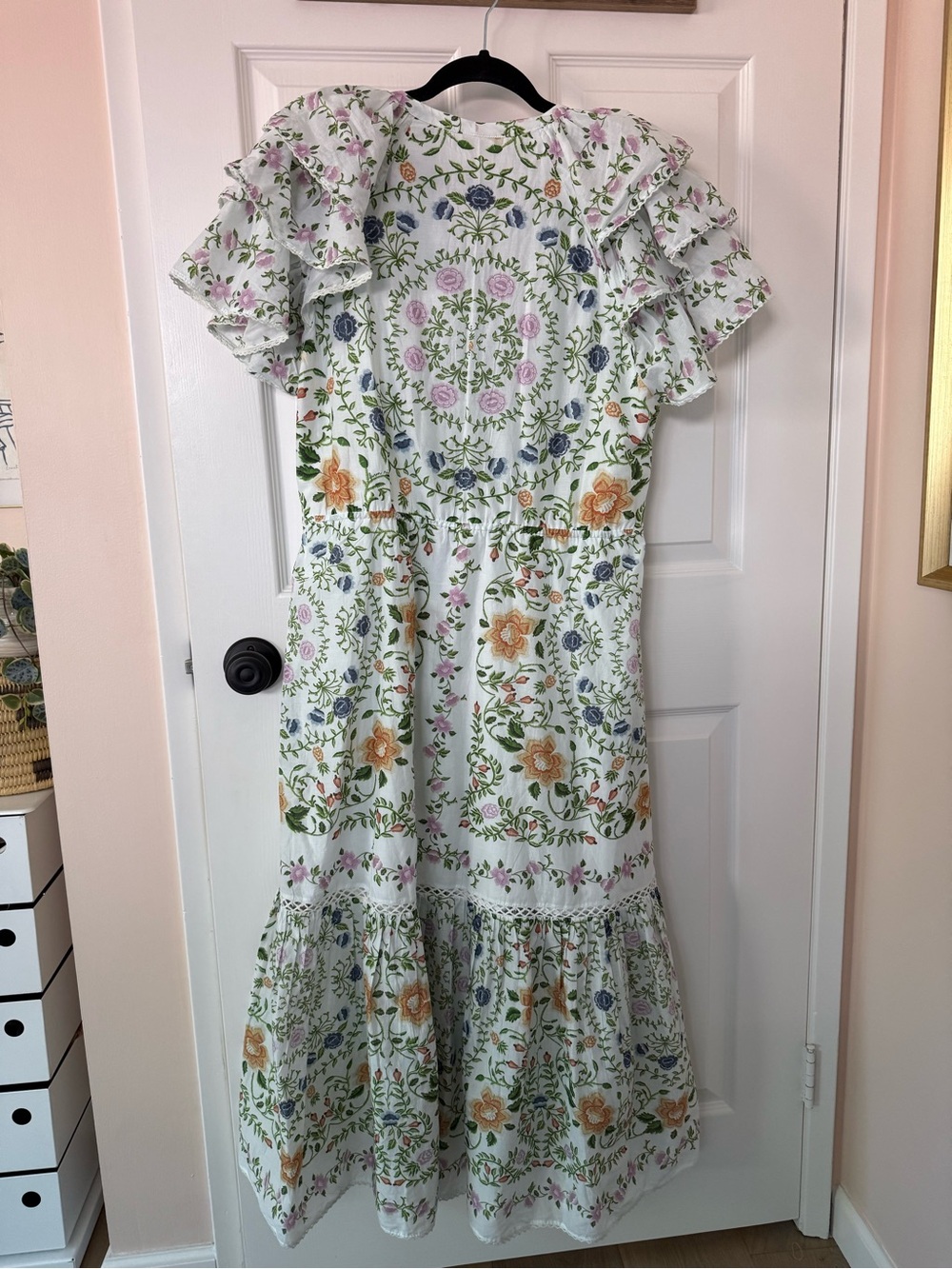 FARM RIO Folk Floral off white short sleeve midi dress, puff sleeve NWT XL - Picture 9 of 11